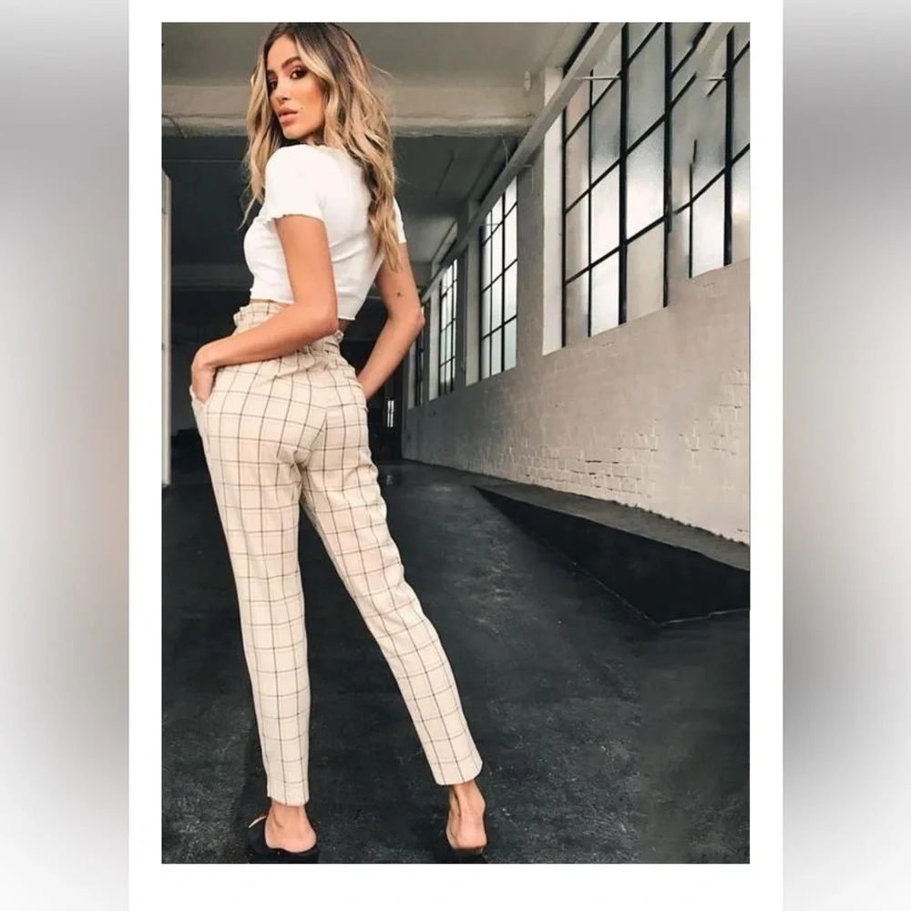 Belted frill high waist plaid pants
